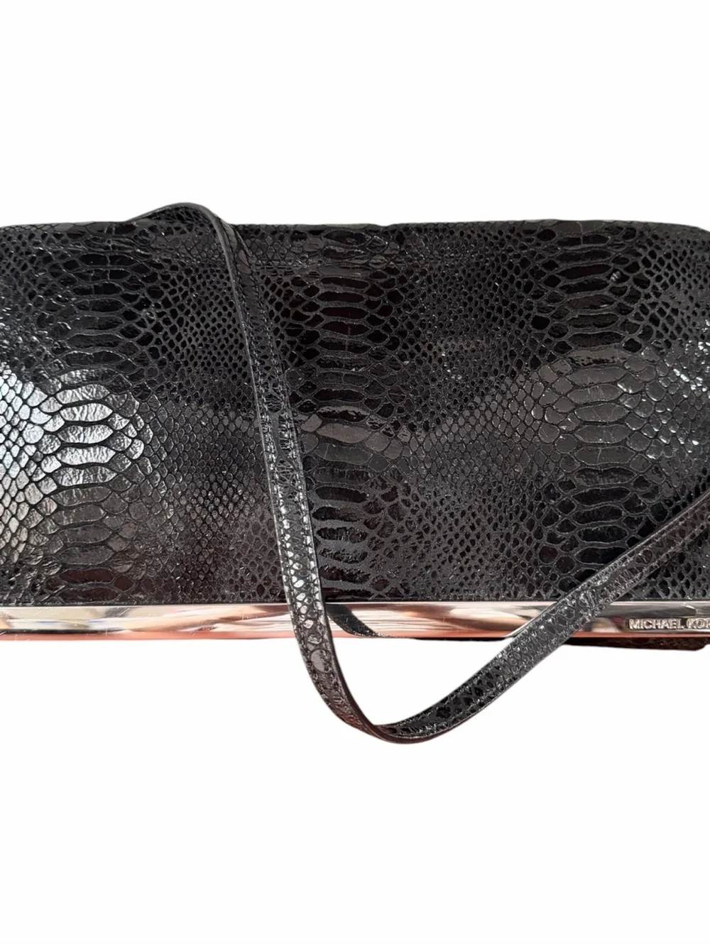Michael Kors Black Embossed Snakeskin Clutch with Metallic Trim